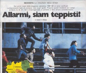 Una foto, pubblicata dal Guerin Sportivo, delle violenze del derby 1981.